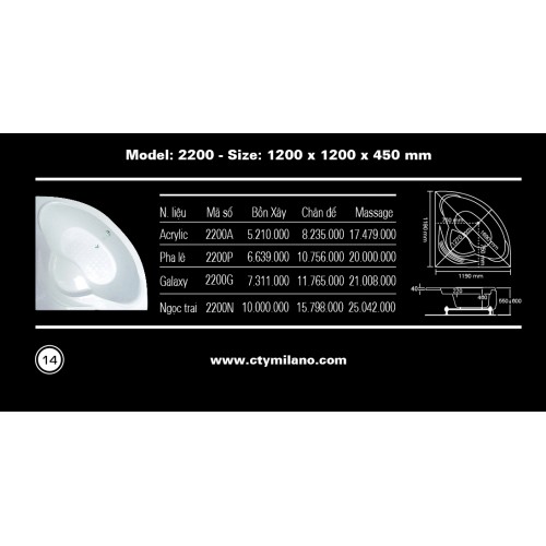 BỒN TẮM GÓC MILANO 2200